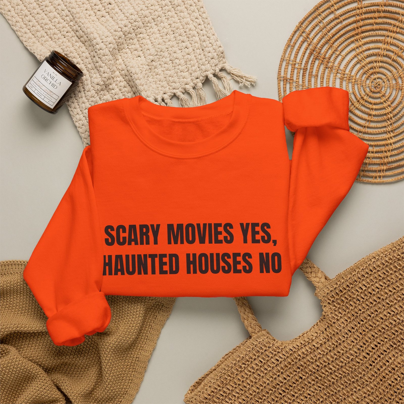Scary Movies Yes, Haunted Houses No Funny Halloween Crewneck Sweatshirt - Image 8