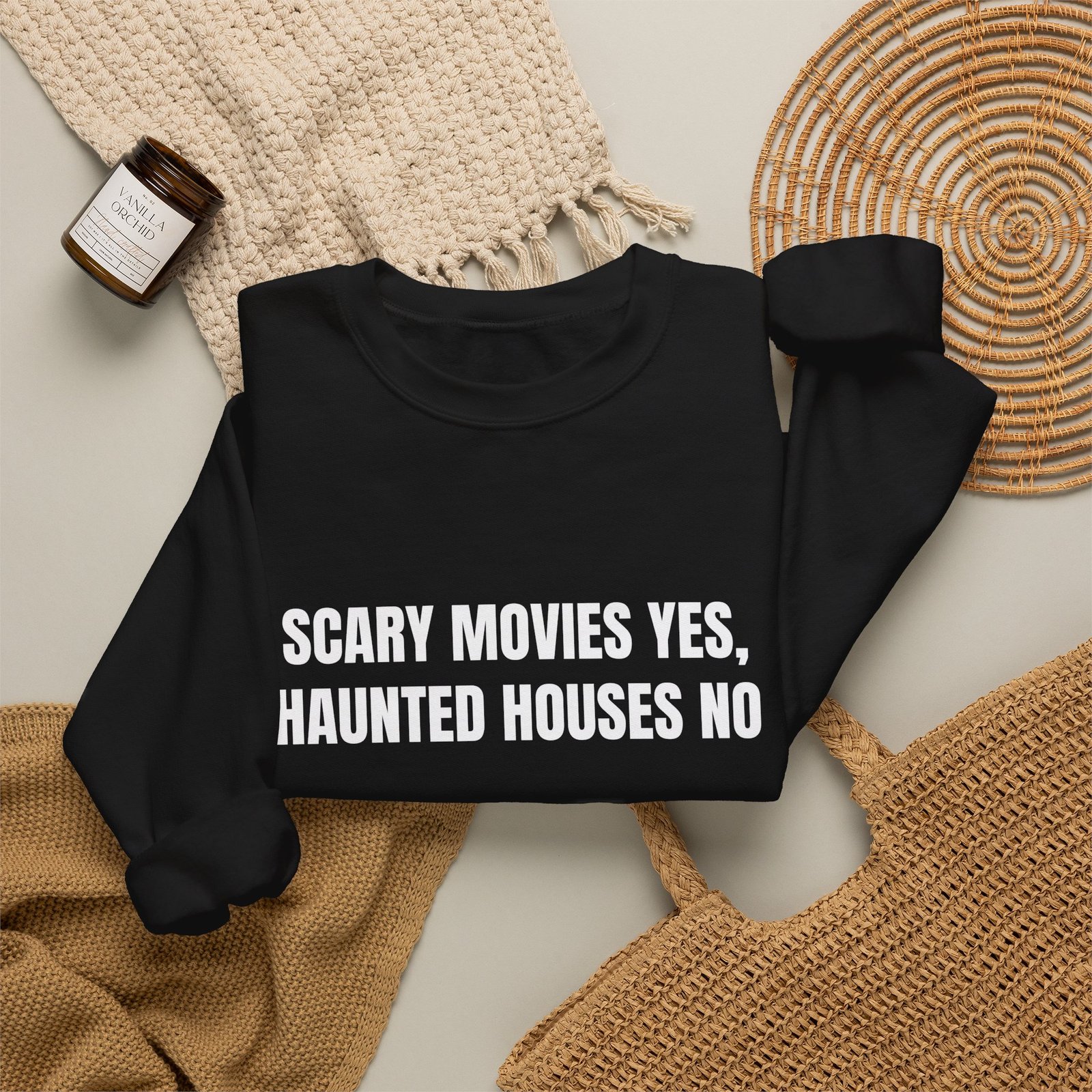 Scary Movies Yes, Haunted Houses No Funny Halloween Crewneck Sweatshirt - Image 4