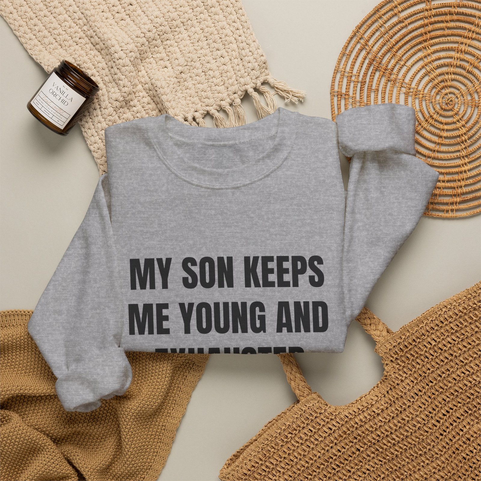 My Son Keeps Me Young And Exhausted Funny Crewneck Sweatshirt - Image 12