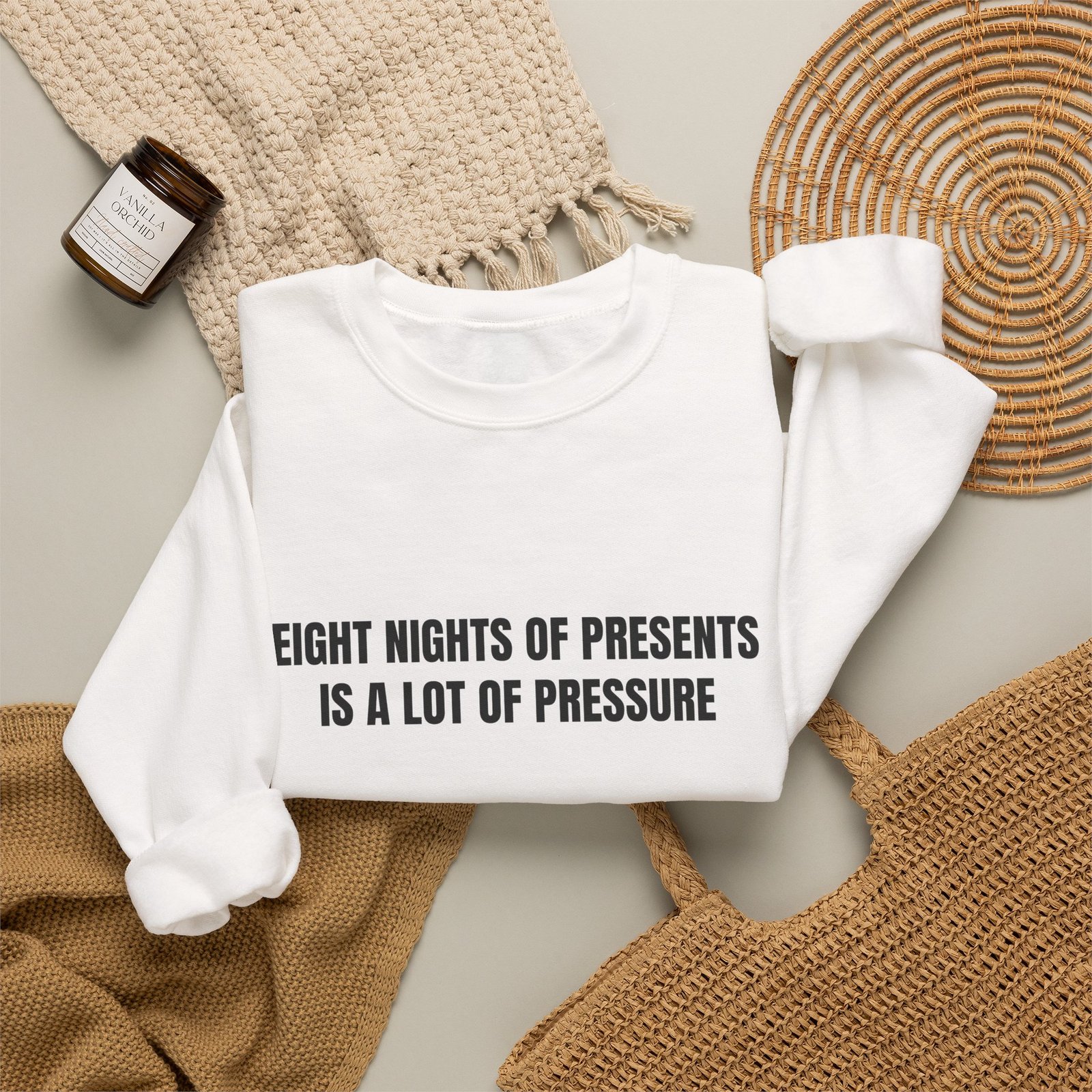 Eight Nights Of Presents Is A Lot Of Pressure Funny Hanukkah Crewneck Sweatshirt - Image 4