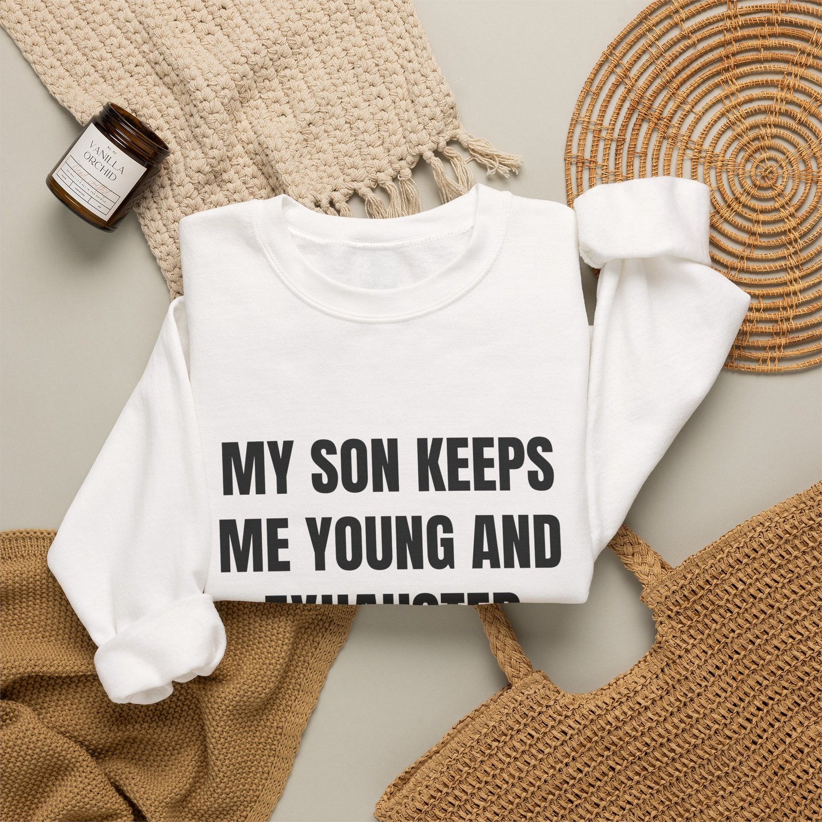 My Son Keeps Me Young And Exhausted Funny Crewneck Sweatshirt - Image 4