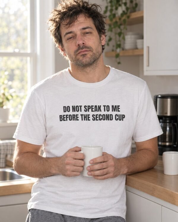 Man wearing the Do Not Speak To Me Before The Second Cup graphic t-shirt
