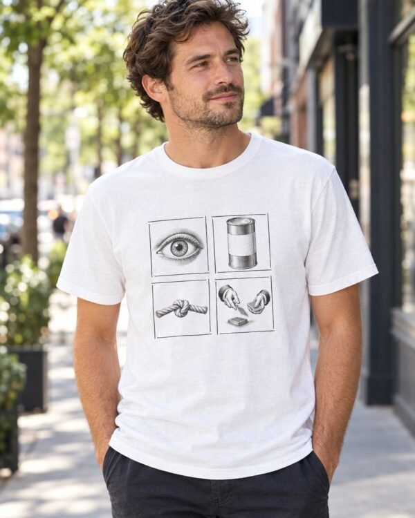 Man wearing the I Cannot Deal Rebus tee