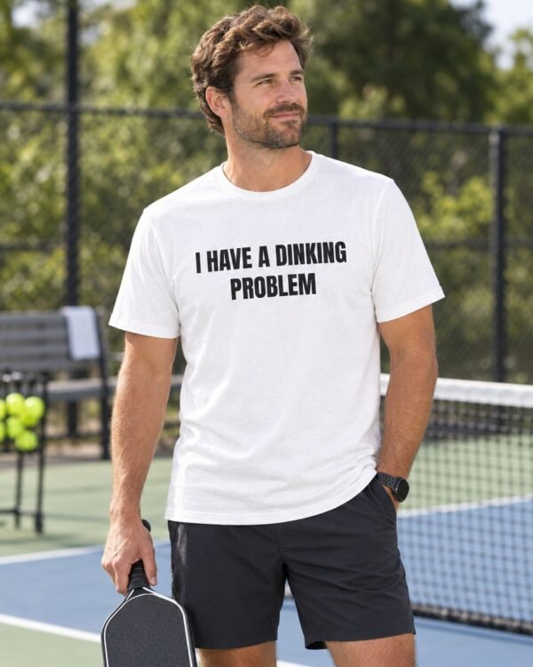 Man wearing the I Have A Dinking Problem graphic t-shirt