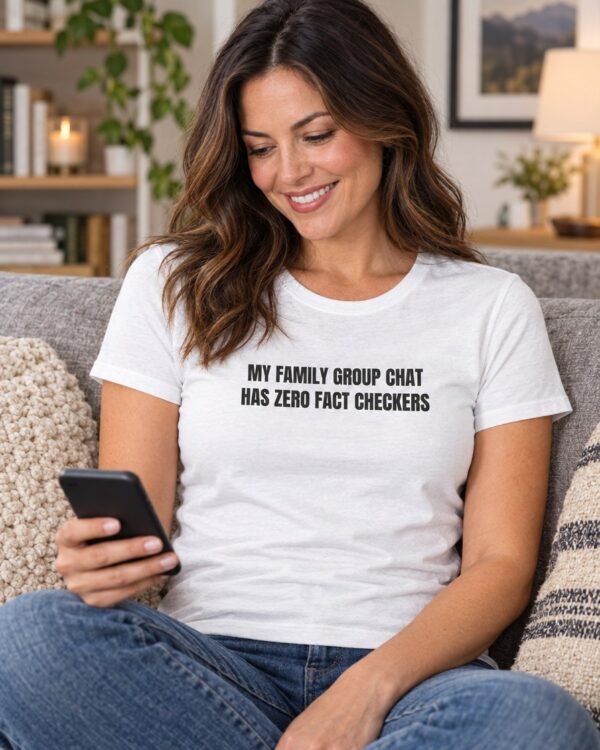 Woman wearing the My Family Group Chat Has Zero Fact Checkers women's tee